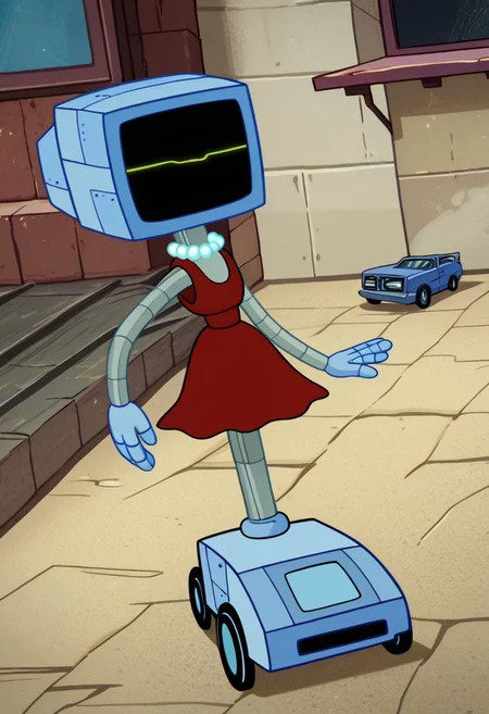 score_9, score_8_up, score_7_up BREAK, KarenSB, 1girl, robot girl, metal body, blue computer head, black screen, wheels, pearl necklace, sleeveless red dress, neon green led smiling face,