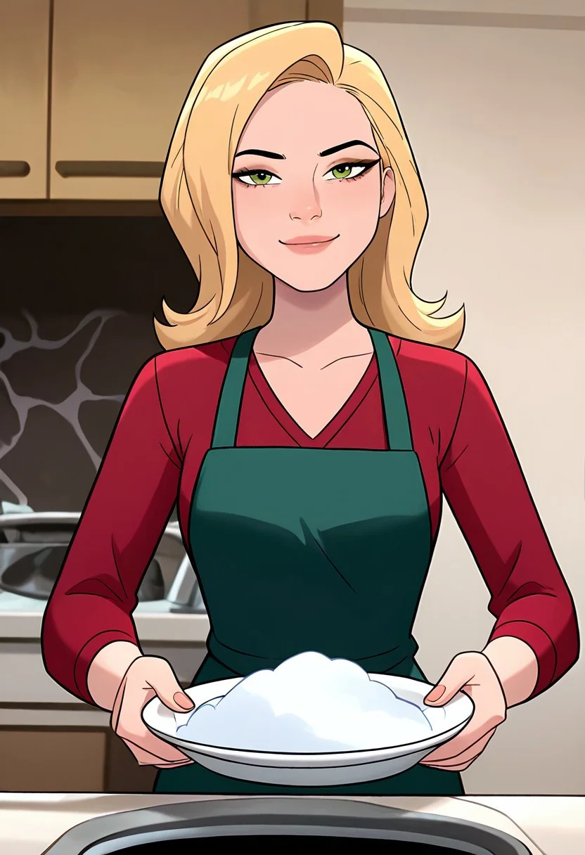 masterpiece, best quality, amazing quality, very aesthetic, absurdres, newest,
sandraten, blonde hair, 1girl, green eyes, lips, red shirt, long sleeves, makeup, v-neck
apron, washing dishes, looking at viewer, smile, holding plate,