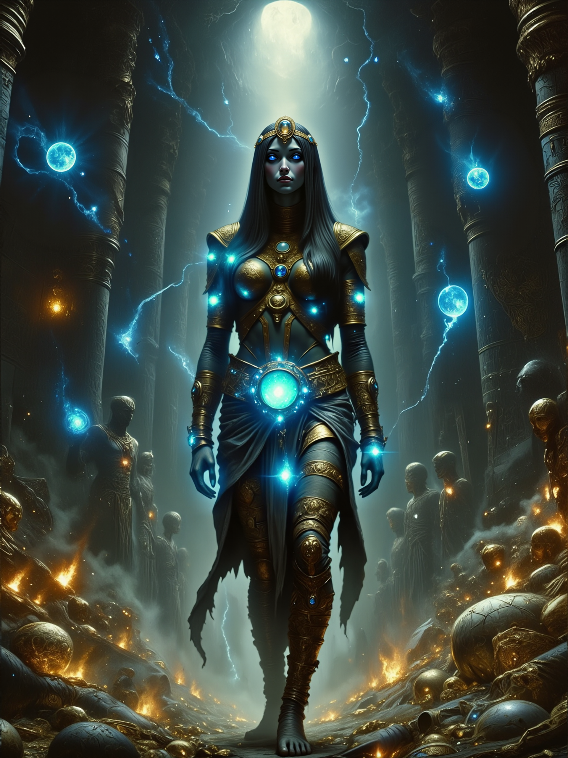 movie poster-style digital painting with an ancient egyptian fantasy theme, intricate details, sfumato, in the foreground, a gorgeous egyptian female pharaoh with long straight silky black hair, wearing a golden cobra circlet and heavy ancient egyptian-style makeup is walking towards the viewer wrapped in magically glowing mummy bandages in front of an intricately designed tomb, the dimly lit surrounding is lavishly filled with treasures - beautiful golden statues, eldritch glowing relics, and precious brilliant gems - strewn across the ancient stone floor, swirls of magically glowing vapors float through the tomb, a narrow ceiling opening casts soft beams of moonlight across the chamber, adding a cold, ethereal quality to the golden gleaming treasure, surrounding the mummy, the treasures glitter faintly, the cold moonlight enhancing the contrast between the gleaming riches and the decayed, dusty environment of the tomb, in the background, towering statues of egyptian deities loom, their imposing figures casting long, eerie shadows that stretch across the walls, heightening the ancient, mystical atmosphere of the scene, the walls are adorned with faded carvings and murals depicting ancient gods and long-forgotten rituals, the mummyis the central figure, standing tall and regal in the moonlit tomb, her decayed bandages etched with glowing blue hieroglyphics that pulse with magical energy, her presence commands the scene, both terrifying and beautiful, embodying the spirit of an ancient ruler awakened from the dead, her figure is draped in tattered yet intricately detailed bandages that glow faintly, casting a soft, mystical light over the immediate area, her gaze is intense, her body is completely wrapped in ancient, worn bandages that pulse with blue, glowing symbols of long-lost magic, she clutches a staff crowned with a glowing blue gem, the light radiating from her body and staff adds an otherworldly aura to her figure, her expression is regal and commanding, a mix of sorrow and power, as if she holds the weight of ancient knowledge and untold dangers, the magical symbols on her wrappings seem to shift and pulsate, giving her an aura of life despite her undead state, the perspective is dramatic and low, looking upward at the mummy, emphasizing her towering and regal presence, the viewer is made to feel small in the face of such ancient, mystical power, the angle also captures the opulence of the tomb behind her, from the glowing treasures at her feet to the towering statues and intricate stonework of the walls, framing her as the imposing ruler of this forgotten place, the cool, pale light of the moon filters through the narrow opening in the ceiling, casting soft, ghostly beams across the tomb, the blue glow of the magical symbols on the mummyâs wrappings contrasts sharply with the warm, golden hues of the treasure around her, creating a striking visual contrast, swirling motes of dust float through the air, subtly illuminated by the glowing blue light from the mummyâs wrappings and staff, adding to the ancient, untouched atmosphere of the tomb, the overall lighting is soft, with a mystical and otherworldly quality, enhancing the sense of mystery and magic that pervades the scene, rich textures that capture the fine details of the ancient bandages and the polished gold surfaces of the treasures, soft, blended lighting enhances the mystical atmosphere, while the deep shadows add depth and mystery, the color palette contrasts the cool blue hues of magic with the rich golds, deep browns, and warm shadows of the tomb, style of alphonse mucha, arsmjstyle, dnddarkestfantasy <lora:style-alphonse_mucha-flux-by_tangbohu:0.6> <lora:style-dnd_dark_fantasy-flux-by_arsmachina:0.76> <lora:epic_gorgeous_details-balance-flux-by_flyway:0.4> <lora:image_enhancer-flux-by_dever:0.88>
