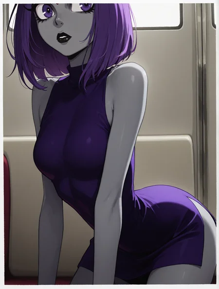 high quality, best quality, masterpiece, highres, very aesthetic, absurdres, <lora:illustrious_quality_modifiers_masterpieces_v1:.8>, detailed hair, <lora:NSFWFilter_illusXL_Incrs_v1:-.5>, on all fours, (close-up), cropped legs, head out of frame, hip focus,
Raven \(DC\), medium hair, purple hair, purple eyes, forehead jewel, colored skin, (grey skin), small breasts, black lips, , black magic, sleeveless dress
, indoors, on a train, <lora:HoneyMapache:.9>, big eyes, skinny