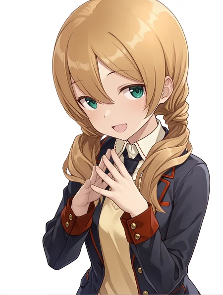 masterpiece,best quality,newest,
1boy,solo,
<lora:Kotomura_Amane_ilxl_v1.2:1>,k_amane,blonde hair,green eyes,low twintails,
ashihara_h,black jacket,open jacket,black necktie,shirt,sweater,<lora:Fixhands_anime_bdsqlsz_V1:1>,white_background,simple_background,:d,steepled fingers,standing,upper_body,looking_at_viewer,