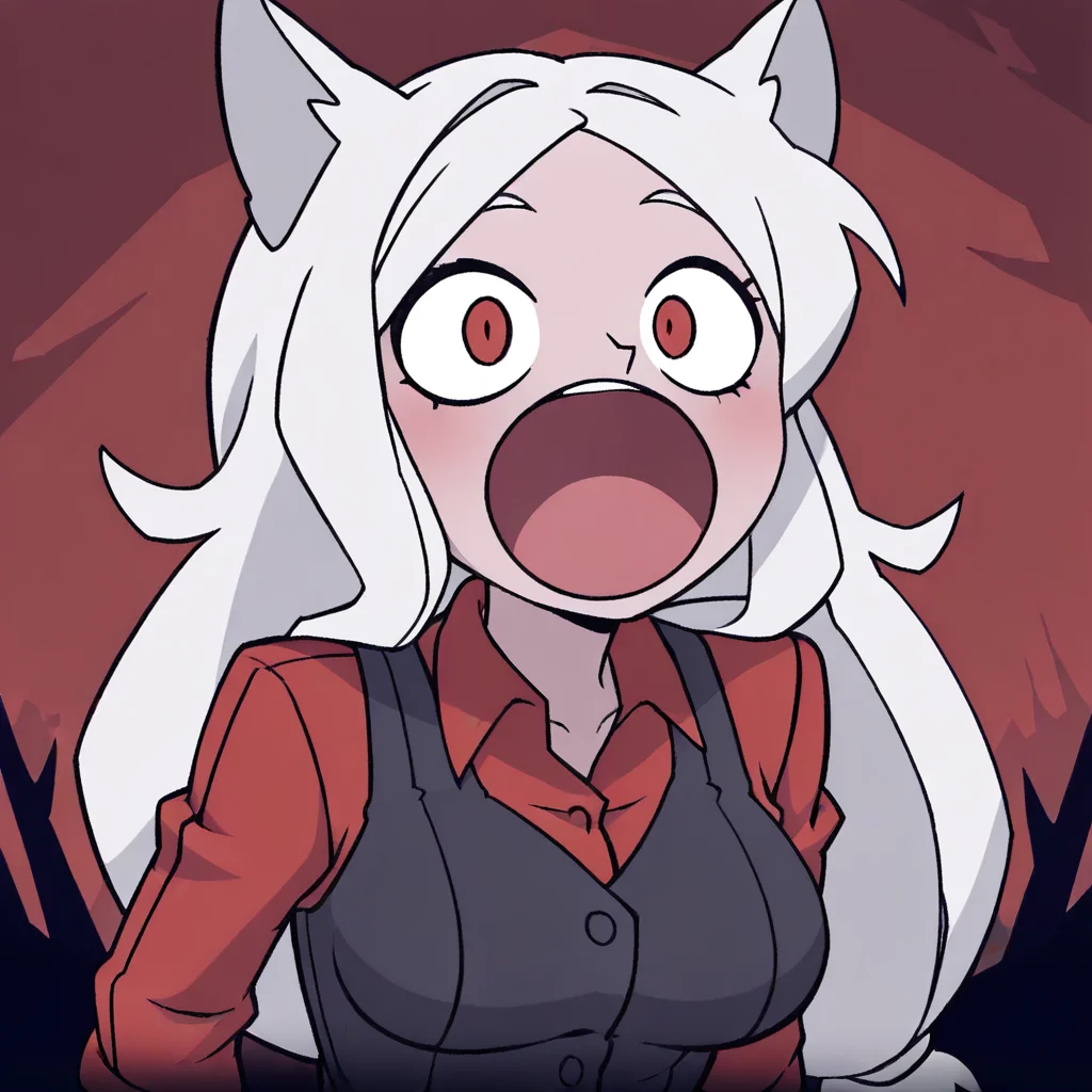 masterpiece, best quality, newest, absurdres, highres, anime, anime style, POPC-ILV1.0, :o, open mouth, 1girl, cerberus (helltaker), white hair, animal ears,