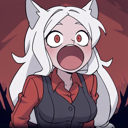 masterpiece, best quality, newest, absurdres, highres, anime, anime style, POPC-ILV1.0, :o, open mouth, 1girl, cerberus (helltaker), white hair, animal ears,