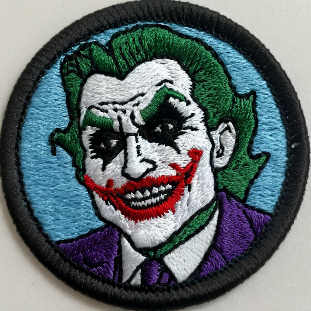 macro photograph of a circular embroidered patch of The Joker  ,  in meritbadge style, plain background, extremely detailed, contrasting complementary colors, vignette, symmetry, centered, <lora:meritbadge_StyleXLv7.0:1>