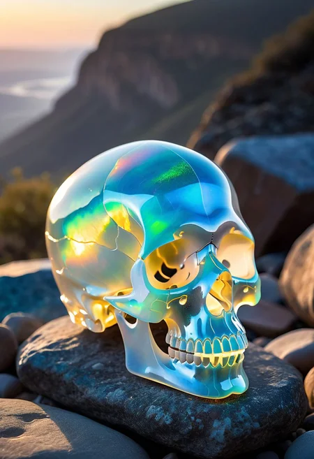 (award winning photography) a delicate translucent skull made of opal set on a stone ledge in the early morning light, glistening. in the background beautiful valleys, divine iridescent glowing, opalescent textures, volumetric light, ethereal, sparkling, light inside body, bioluminescence, studio photo, highly detailed, sharp focus (highest quality: 1.39) (highest coherency: 1.39) (award winning photography)