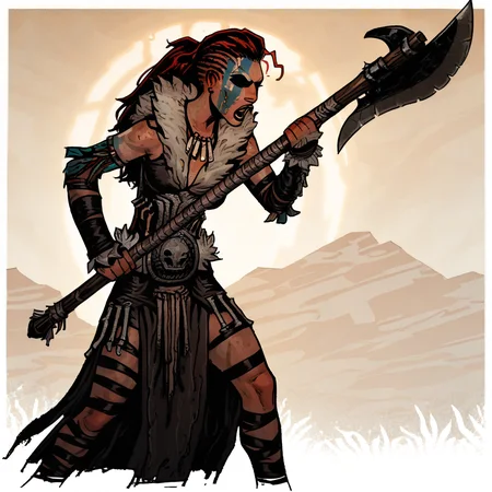 masterpiece, best quality, newest, absurdres, highres, incase, incase style, HellionDD-Il.V1.0, jewelry, necklace, red hair, armor, leather armor, fur coat, red hair, tribal, clevage, weapon, holding weapon, holding, holdng axe, black eyes, shaded eyes,