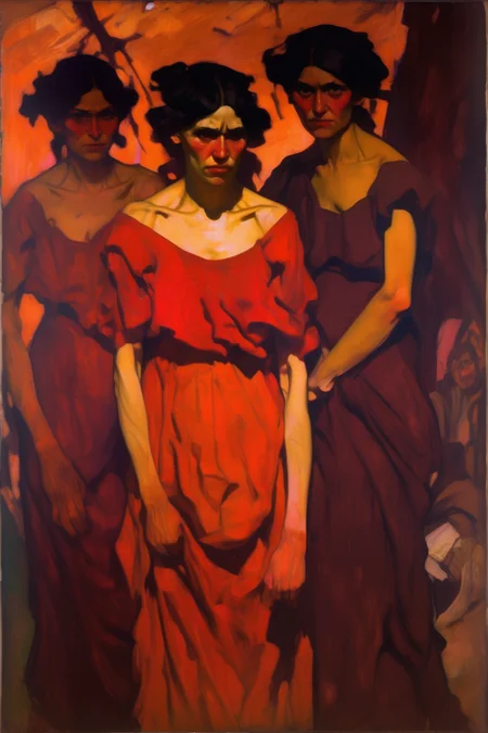 <lora:Lovis Corinth Style:1>Lovis Corinth Style - a messy, impasto portrait of 2 slim, 30 year old, very beautiful Armenian woman red-orange gowns in hell by Frank Brangwyn. The painting's dark values are almost black.