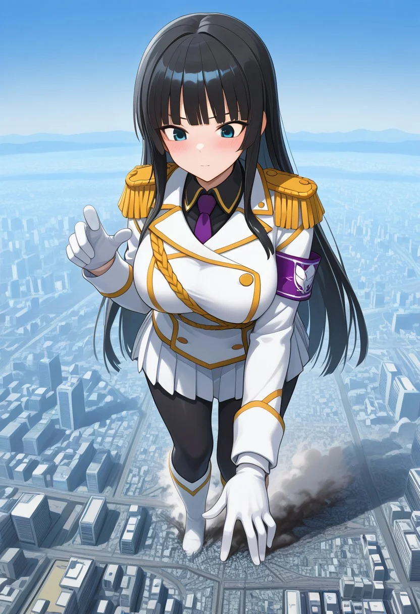 , giantess, full body view, foreshortening, foreshortening, Giantess, City,
aroused , blushing, masterpiece, score_9, score_8_up, score_7_up, score_6_up, score_5_up, score_4_up, 1girl, Ikaruga_XL, long black hair, blunt bangs, hime cut, dark blue eyes, large breasts ,Ikaruga_Shinobi, white military uniform, golden buttons, golden epaulettes, black shirt, purple tie, long sleeves, armband, white gloves, white pleated skirt, black pantyhose, white knee boots
<lora:giantess-ponyxl-lora-nochekaiser:1> giantess, giant, city, building, outdoors, destruction,
