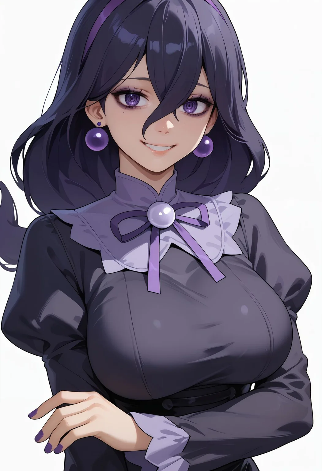score_9,score_8_up,score_7_up,score_6_up,<lora:hex_maniac_pokemon_legends_z-a_pdxl_goofy:1> hex maniac plza, 1girl, solo, breasts, alternate breast size, jewelry, hair between eyes, dress, large breasts, long sleeves, earrings, ribbon, purple nails, smile, looking at viewer, simple background, neck ribbon, white background, black dress, upper body, puffy sleeves