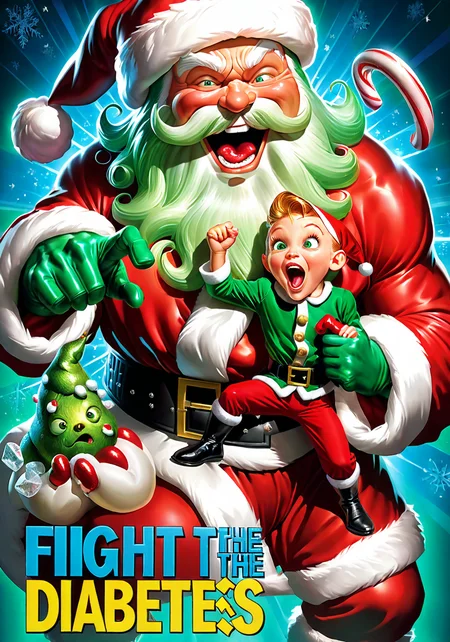 film poster by Phil Jimenez and john Wilhelm, (title says "FIGHT THE DIABETES!":1.7), ((Santa Claus overlord  in green coat:1.55) furiously punches (The sugar monster:1.7)),
<lora:xl_more_art-full_v1:0.5>  art by Stefan Gesell <lora:texta:1>