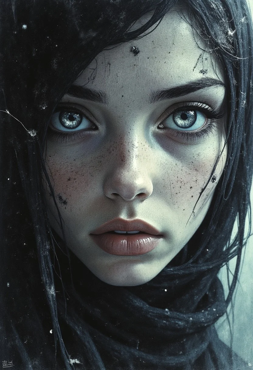 A closeup, surreal, haunting portrait of a woman with an eerie, almost ghostly presence. Her pale complexion is ashen, blending seamlessly into the shadowed, misty background, creating an impression that she is emerging from darkness itself. Her very large piercing silver eyes are the focal point, their spectral glow and shimmering reflections conveying a sense of ethereal sorrow and forgotten wisdom. Her long, inky-black lashes are bold and dramatic, casting shadows over her hollow yet striking stare. Her features are delicately sculpted, with high cheekbones, a perfectly straight nose, and soft, full lips tinged with a faintly violet hue, suggesting longing and quiet mystery. Her midnight-black hair flows and floats upwards like wisps of smoke, intertwining with the surrounding fog. Delicate specks of falling ash drift around her, heightening the eerie, ghostly aura. The dim, cold lighting eliminates harsh contrast, softening her features into a spectral vision of melancholic beauty. The overall composition feels timeless, capturing the essence of a forgotten soul, suspended in an eternal dream, both tragic and divine.