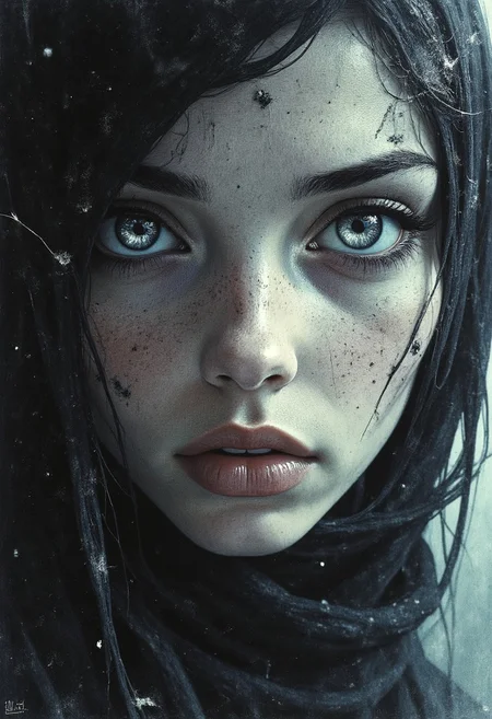 A closeup, surreal, haunting portrait of a woman with an eerie, almost ghostly presence. Her pale complexion is ashen, blending seamlessly into the shadowed, misty background, creating an impression that she is emerging from darkness itself. Her very large piercing silver eyes are the focal point, their spectral glow and shimmering reflections conveying a sense of ethereal sorrow and forgotten wisdom. Her long, inky-black lashes are bold and dramatic, casting shadows over her hollow yet striking stare. Her features are delicately sculpted, with high cheekbones, a perfectly straight nose, and soft, full lips tinged with a faintly violet hue, suggesting longing and quiet mystery. Her midnight-black hair flows and floats upwards like wisps of smoke, intertwining with the surrounding fog. Delicate specks of falling ash drift around her, heightening the eerie, ghostly aura. The dim, cold lighting eliminates harsh contrast, softening her features into a spectral vision of melancholic beauty. The overall composition feels timeless, capturing the essence of a forgotten soul, suspended in an eternal dream, both tragic and divine.