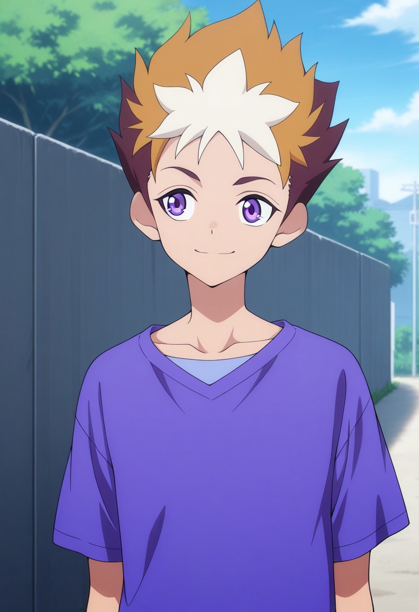 masterpiece,best quality,amazing quality, source_anime,
SubaruMakabe, 1boy, male focus, solo, purple eyes, multicolored hair, brown hair, white hair, collarbone, shirt, purple shirt, short sleeves, smile, outdoor,