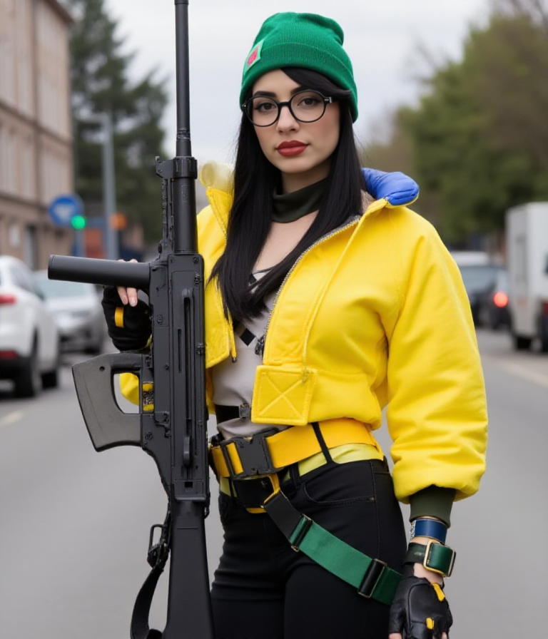 She holds a rifle in the street.  <lora:Killjoy:0.9> killjoy, a woman with a yellow jacket, black glasses, green hat, black pants.