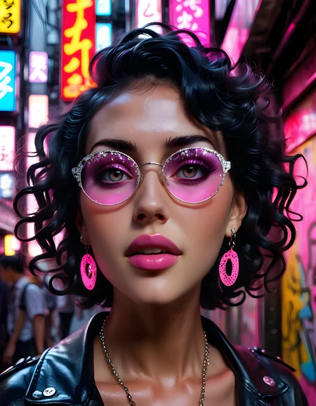 In a gritty, neon-lit urban alleyway of Tokyo's bustling Shibuya district, FL0R4, a striking woman with black hair styled in tight curls and adorned with large, glittering earrings and round eyewear, stands defiantly. Her piercing eyes are hidden behind the tinted lenses of her glasses as she confidently partes her vibrant pink lips to reveal metallic lipstick, while the blurry background reveals a flurry of neon signs and colorful graffiti. The camera angle is low, emphasizing her towering stature and the edgy, rebellious attitude that radiates from her as she stands boldly against the darkness, bathed in the harsh, electric glow of the city's nightlife.