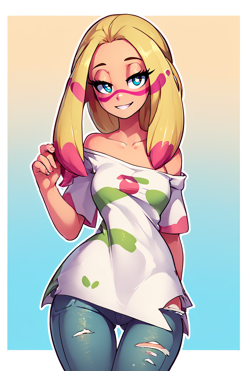 score_9, score_8_up, score_8, medium breasts, (curvy), cute, eyelashes,       BREAK, , zzMina,  long hair, eyelashes, half-closed eyes, facepaint,  collarbone, white shirt, oversized shirt, off shoulder, short sleeves, torn clothes, torn pants, jeans, <lora:Mina_Pokemon_PDXL_Citron:0.8>, , BREAK, smile, looking at viewer,  abstract background, white outline, cowboy shot, embedding:zPDXL, Expressiveh, <lora:theOtherHalfPDXL:0.8>,  <lora:CatalystStylePDXL:0.6>,  <lora:SDXLFaeTastic2400:0.5>,  <lora:Expressive_H-000001:0.4>,