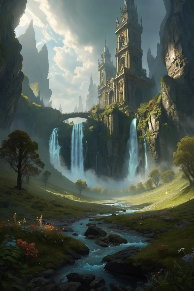 ancient forest with sunbeam rays ,alchemical wastelands where glass storms etch arcane patterns, the horizon dominated by mercury cyclones, waterfall, noon,weather foggy indoors cinematic view, epic sky, detailed, concept art, medium angle, high detail, warm lighting, volumetric, godrays, vivid, beautiful, trending on artstation, by John Park, huge scene, grass,flower, art greg rutkowski,