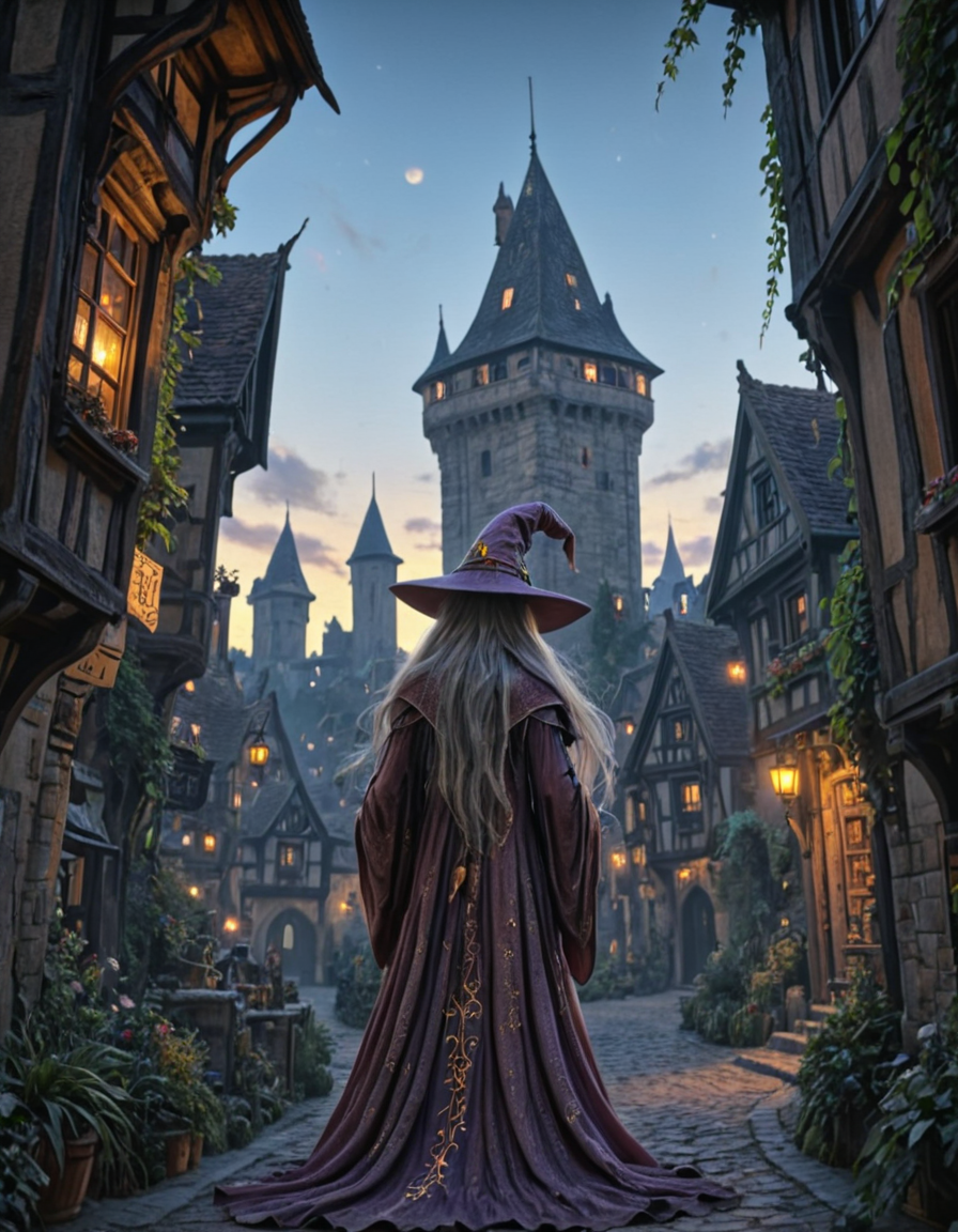 <lora:Medieval_Worlds_outsidexl:1> mw01out, medieval, sun shades, very detailed, very narrow street, illuminated, city lights, houses, vegetation, sunset, high tower, person wizard with long grey hair and wearing a wizard hat ,