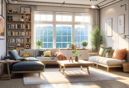 anime-style, modern-style interior, with white walls and large windows, Nordic-style furniture, a  study, Sofa, coffee table, bookcase, single wall, 
warm light morning sun, the view of the city