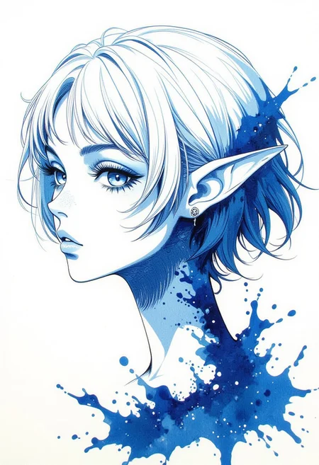 head and shoulders portrait, monochrome Inkpunk style ink illustration of woman with (short elf ears:1.2) and short light-colored hair, pixie, splash of indigo color