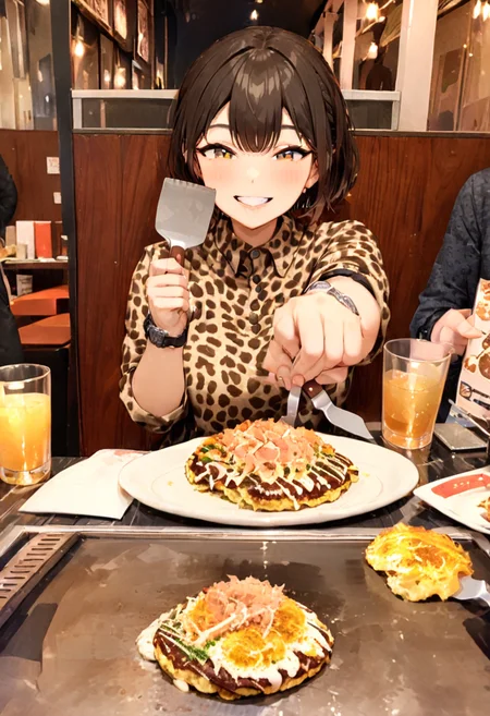 masterpiece, best quality, very aesthetic, absurdres,
okonomiyaki, Teppan, food, smile, 1girl, restaurant, 1boy, animal print, grin, watch, wristwatch, cup, brown hair, indoors, hat, looking at viewer, drinking glass, black hair, short hair, spatula, fork, scnery, kote
<lora:okonomiyaki_SDXL_V1:1>