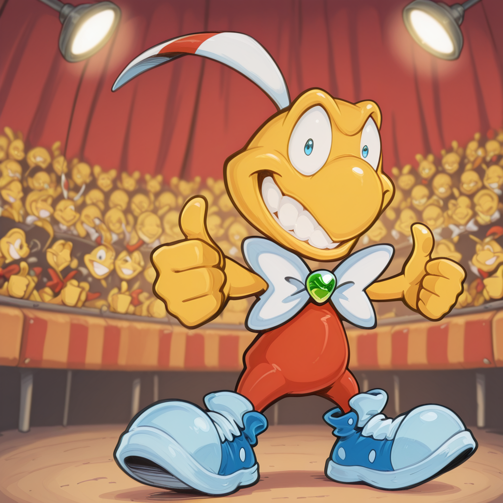 score_9, score_8_up, score_7_up, score_6_up,masterpiece,highly detailed,simple colors,full body perspective,dheaddy,headdy,1boy,body focus,yellow skin,disembodied head,detached head,floating head,holding detached head up,hand on head,thumbs up,outstretched arms,smiling,teeth,cross-eyed,blue eyes,red bodysuit,sleeveless,big white bowtie,green brooch,blue sneakers,c1rcus,circus interior, seats, stage light,audience,blurry background