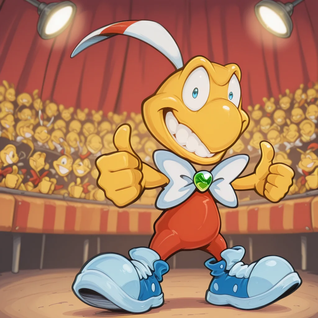 score_9, score_8_up, score_7_up, score_6_up,masterpiece,highly detailed,simple colors,full body perspective,dheaddy,headdy,1boy,body focus,yellow skin,disembodied head,detached head,floating head,holding detached head up,hand on head,thumbs up,outstretched arms,smiling,teeth,cross-eyed,blue eyes,red bodysuit,sleeveless,big white bowtie,green brooch,blue sneakers,c1rcus,circus interior, seats, stage light,audience,blurry background