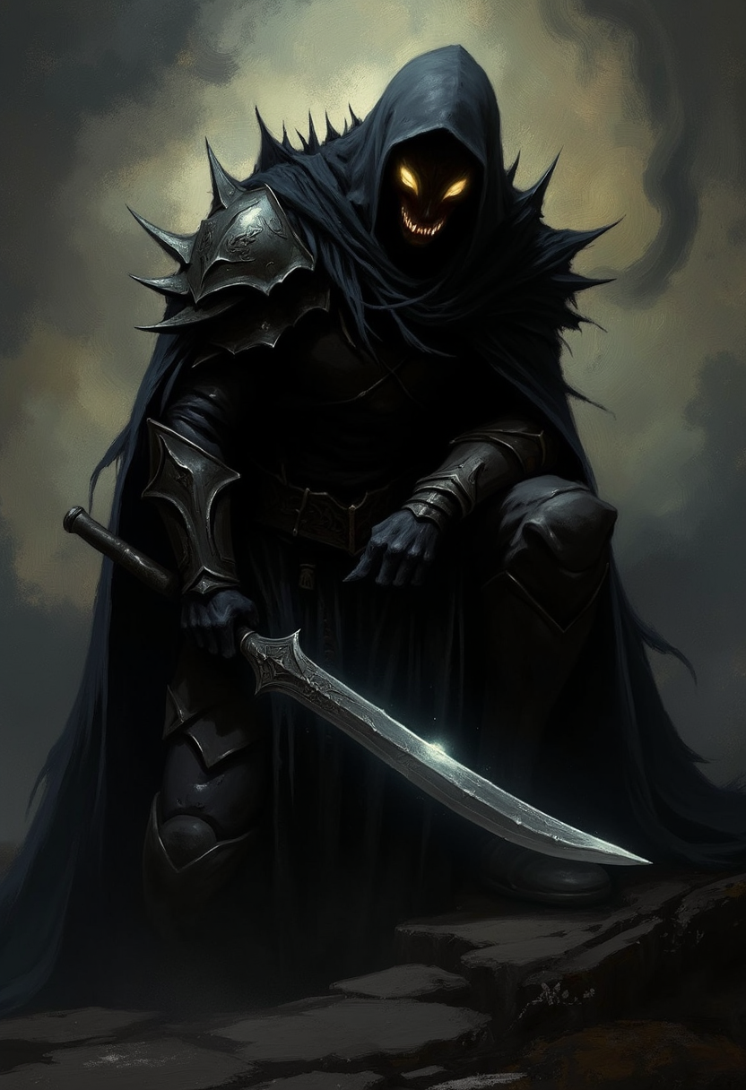 A closeup view of an atmospheric and powerful dark fantasy, natural organic and impressionist classical-style painting of a dark and ominous looking armored thief creature. The creature has a large head with glowing yellow eyes and sharp teeth. It has long dark gray smoke coming out of it's head and body. The creature is wearing a long black robe and a tattered black cape and has a long sword in his two hands. The sword has a dark silver blade with intricate designs on it. The person is crouching and holding the sword with both hands.