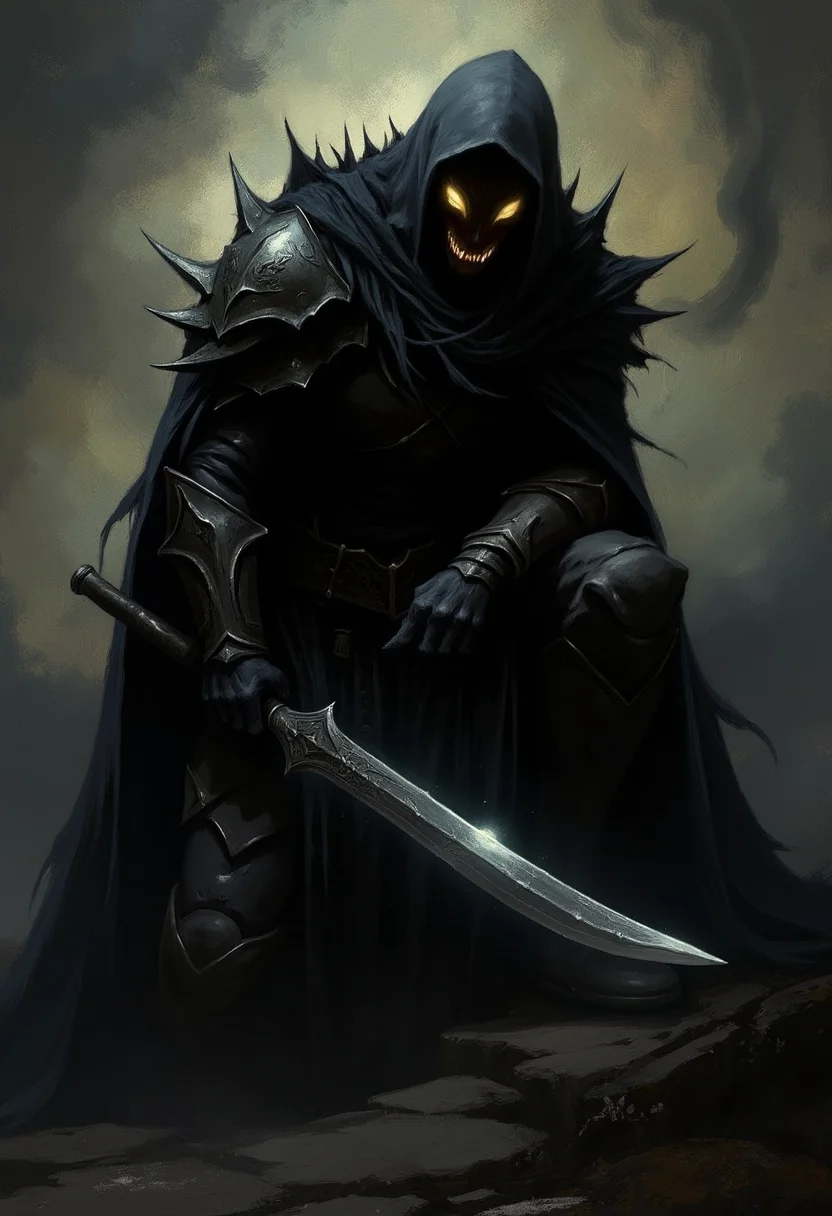 A closeup view of an atmospheric and powerful dark fantasy, natural organic and impressionist classical-style painting of a dark and ominous looking armored thief creature. The creature has a large head with glowing yellow eyes and sharp teeth. It has long dark gray smoke coming out of it's head and body. The creature is wearing a long black robe and a tattered black cape and has a long sword in his two hands. The sword has a dark silver blade with intricate designs on it. The person is crouching and holding the sword with both hands.
