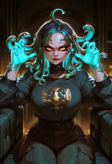 Rating_sfw, mature woman,dynamic hands hacking pose, extra four holographic hands, holographic hacking screens, cyberwear, cyberpunk, humanoid , cybernetic enhancement, serpent themed , oversized clothes, cargo pants, dark clear skin, Egyptian themed lap, ((cute face)), innocent face, pretty face, eyes, detailed eyes, long eyelashes, eyeliner, gorgon,glitching hair, ,(ar-glitch holographic Snake hair, snake, snake_hair,)) , , eyes, glowing snake, charismatic, curvy, aesthetic, ((perfectly robotic hair, snake hair)), thick lips, full lips, skinny, (slim build), small waist, big breasts,, beautiful detailed face, small face, beautifully complex colored iris, ), enchanting, looking at the viewer,