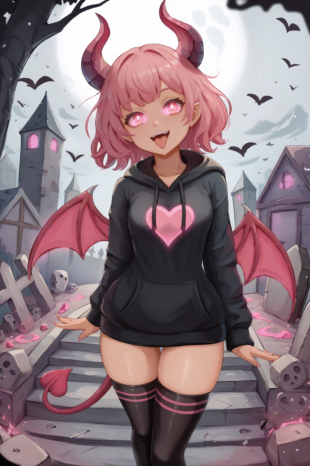 score_9, score_7_up BREAK  <lora:miraihikari:1> 1girl, black hoodie, graveyard, pink glow, pink eyes, glowing eyes, pink hair, medium hair, horns, demon wings, demon tail, tongue out, pink wings, black thighhighs, bodice