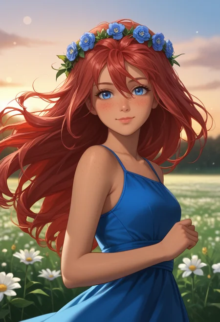 score_9, score_8_up, score_7_up,
best quality, masterpiece, ultra detailed,
<lora:Expressive_H:1>, light smile, blush, lips, nose, closed mouth,
looking at viewer, dynamic pose, from below,
<lora:Everlasting_Summer_Ulyana_by_GraffMetal:1>, ulyana, red hair, hair between eyes, blue eyes, face freckles, body freckles, dark skin, straight hair, very long hair, 
flower wreath on the head, blue dress, 
bokeh background, blurry background, outside, cozy, sunset, nature, flowers field, wind,
amazing background,