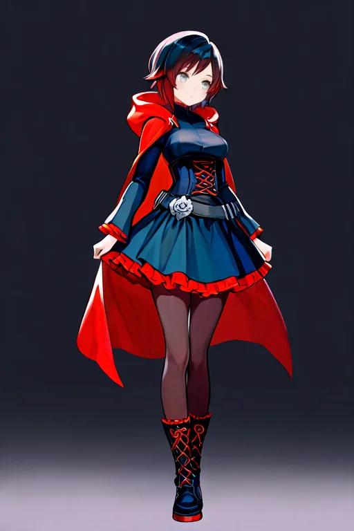 masterpiece, High quality, Ultra detailed, 2d, newest, absurdres, highres, BREAK
1girl, solo, <lora:ruby_rose:0.8>, ruby_rose_(ruby), short hair, black hair, multicolored hair, grey eyes,
medium breasts, rosedef, long sleeves, black dress, corset, belt, rose, skirt, frilled dress, pantyhose, black footwear, cross-laced footwear, hooded cloak, red cape,
full body, standing,
