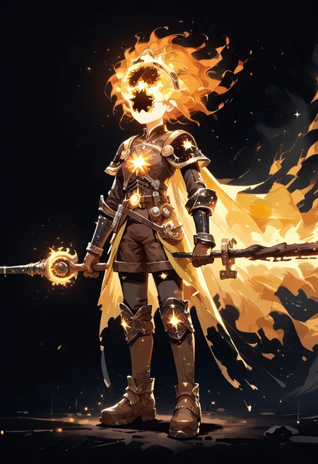 score_9, score_8_up, score_7_up,
lord_of_frenzy, fire head,
starry_morph,
novakin, faceless, no eyes, no mouth, no nose, no facial features, short fiery yellow orange hair, body made of black plasma,
magical girl outfit, yellow steampunk dress, brown boots, brown shorts, roll out shots, brown gloves, utility belt,
holding magical staff,
simple background, black background
