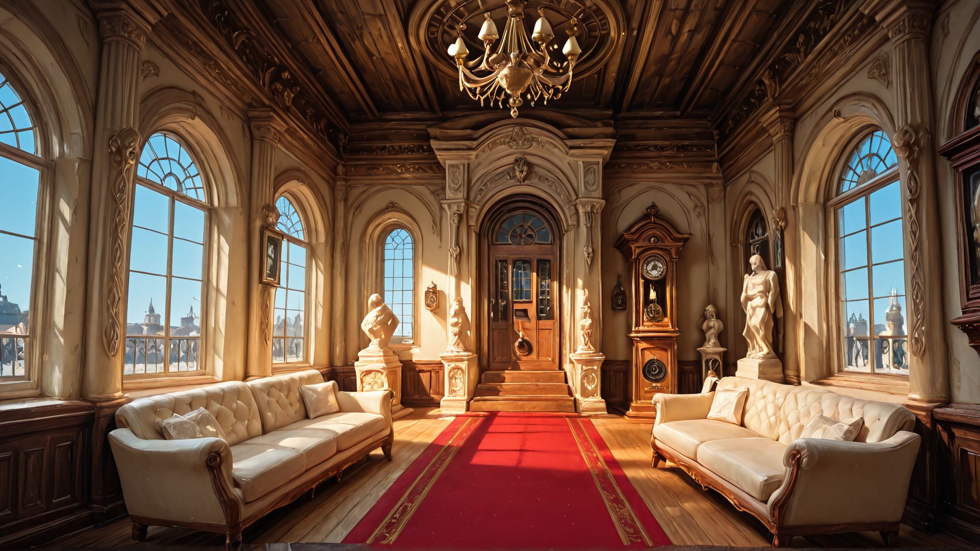 Grand hall of a stately mansion, double staircase, red carpet, light teal walls, wooden paneling, classic style,  elegant decor, antique style,  ornate chandelier,  (wooden banister:1.1),  (large windows:1.2) with blue sky visible,  (detailed stone carving:1.2), (statue  at center),  richly decorated interior, (wooden furniture:1.2), antique grandfather clock,  armchair, (white upholstery:1.1),  wall paintings, (various paintings:1.1), soft lighting,  warm light,  photorealistic style,  digital painting, detailed lighting,  composition symmetrical,  perspective is standard,  calm atmosphere, interior shot,  (high-detail architectural elements:1.2), no humans, (accurate details of design:1.1),  (realistic decor:1.1).  SmoothNoob_Quality
