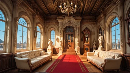 Grand hall of a stately mansion, double staircase, red carpet, light teal walls, wooden paneling, classic style, elegant decor, antique style, ornate chandelier, (wooden banister:1.1), (large windows:1.2) with blue sky visible, (detailed stone carving:1.2), (statue at center), richly decorated interior, (wooden furniture:1.2), antique grandfather clock, armchair, (white upholstery:1.1), wall paintings, (various paintings:1.1), soft lighting, warm light, photorealistic style, digital painting, detailed lighting, composition symmetrical, perspective is standard, calm atmosphere, interior shot, (high-detail architectural elements:1.2), no humans, (accurate details of design:1.1), (realistic decor:1.1). SmoothNoob_Quality