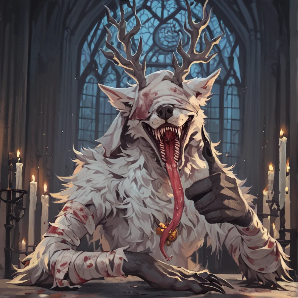 1girl, full body, <lora:Vicar Amelia (Bloodborne)_epoch_7:1> anthro bbvicamelia, fur, fluffy fur, sharp teeth, claws, paws, drool, long tongue, in dark candlelit gothic cathedral, candles, golden pendant necklace, bloody bandages, looking at viewer, thumbs up, !,, detailed, masterpiece,score_9, score_8_up, score_7_up, score_6_up, best quality
