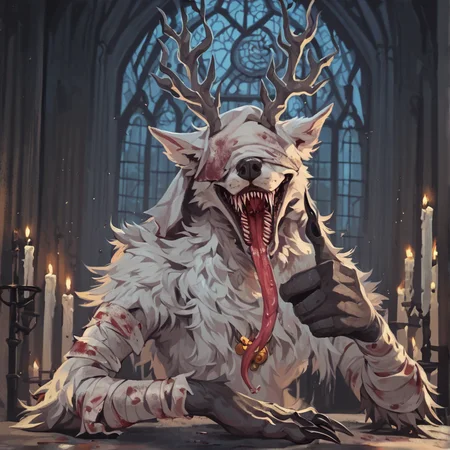 1girl, full body, <lora:Vicar Amelia (Bloodborne)_epoch_7:1> anthro bbvicamelia, fur, fluffy fur, sharp teeth, claws, paws, drool, long tongue, in dark candlelit gothic cathedral, candles, golden pendant necklace, bloody bandages, looking at viewer, thumbs up, !,, detailed, masterpiece,score_9, score_8_up, score_7_up, score_6_up, best quality