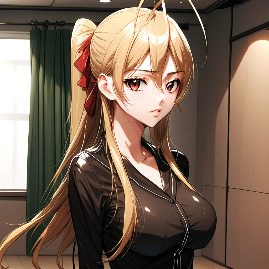 masterpiece, best quality, best aesthetics, miyamoto rei, long hair, ponytail, antennae hair, bangs, hair between the eyes, blush on the cheeks, averted gaze, long black shirt, shirt covering it, awakening, up , loose hair, shiny, shiny skin, alone, room background, standing, front view.