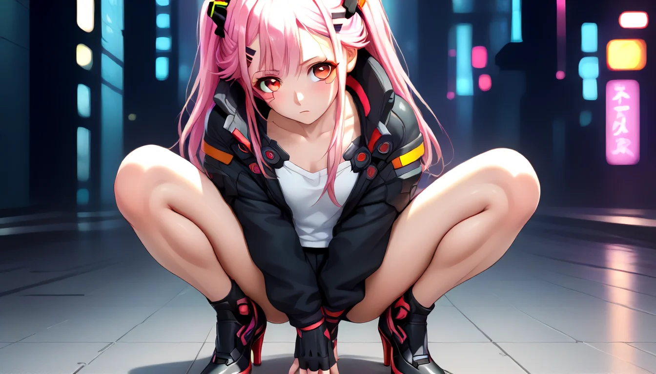 score_9,score_8_up,score_7_up,(muscular:0.2),score_6_up,thin,yuzuriha_inori,<lora:yuzuriha_inori-GC_Pony:0.6>,beautiful eyes,score_5_up,score_4_up,source_anime,((full_body)),1girl,between legs,blush,casual,fingerless gloves,full body,hair ornament,hairclip,hand between legs,high heels,long hair,looking at viewer,pink hair,red eyes,shoes,solo,squatting,twintails,(cyberpunk background),