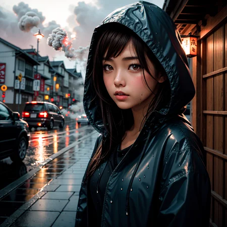 masterpiece, best quality, 1girl, japanese, brown hair, parted bangs, medium hair, brown eyes, parted lips, hooded jacket, unbuttoned, rain, wet, cold, blowing smoke,
<lora:skin_tone_slider_v1:1.5> <lora:eye_size_slider_v1:0> <lora:detailSliderALT2:0.5>, <lora:age_slider_v6:-1.8> , blue hour, twilight, ISO12000 , <lora:GoodHands-vanilla:1>