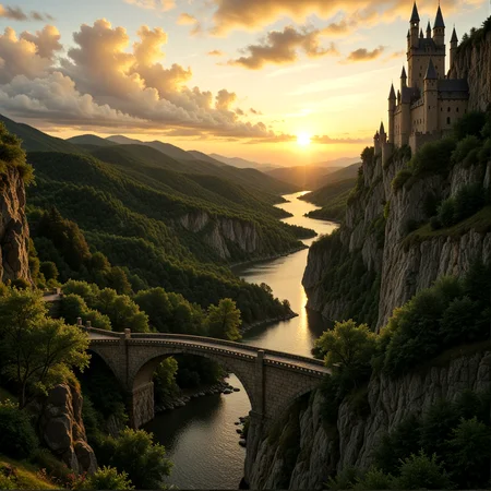 A stunning landscape photograph of a beautiful sunset over a river and mountains. The sky is filled with vibrant oranges, pinks, and purples, with the sun setting in the distance. The river is calm and reflects the warm colors of the sky. A stone bridge crosses over the river, with a winding path leading into it. The landscape is lush and green, with tall cliffs on either side. The castle stands tall on the right side of the image, its spires reaching upwards. The overall scene is breathtaking and serene..
,photorealistic,masterpiece, best quality, amazing quality, very aesthetic, perfect eyes, 24yo, ( dramatic lighting) ,
,outdoors, sky, cloud, water, tree, no_humans, cloudy_sky, scenery, nature, forest, sunset, mountain, sun, fantasy, bridge, river, castle, evening, tower, landscape, lake, orange_sky, arch, cliff