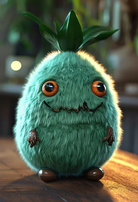 Cute fluffy plushy round half avocado with seed monster with big eyes and large mouth, inspired by Gemma Correll and Henry Darger, dramatic lighting