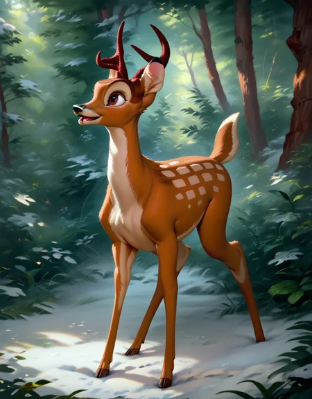 score_9, score_8_up, score_7_up, score_6_up,
bambi, adult, horns, deer, solo, ((Four legs,)) hyperdetailed, detailed fur, happy, forest, full body, snow,
<lora:add-detail-xl:0.8><lora:Bambi:1>  <lora:Furry Enhancer 6.1:2>