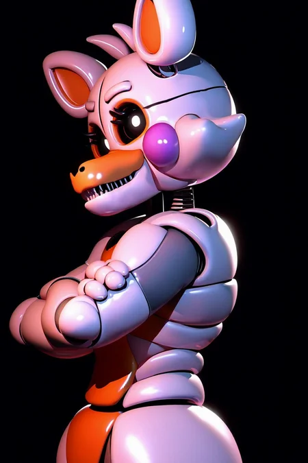 score_9, score_8_up, score_7_up, score_6_up, score_5_up, source_anime, <lora:Lolbit_-_FNAF-Pony:1> lolbit, animatronic, black sclera, white pupils, animatronic head, animatronic arms, crossed arms, dark background, looking at viewer, from side seen