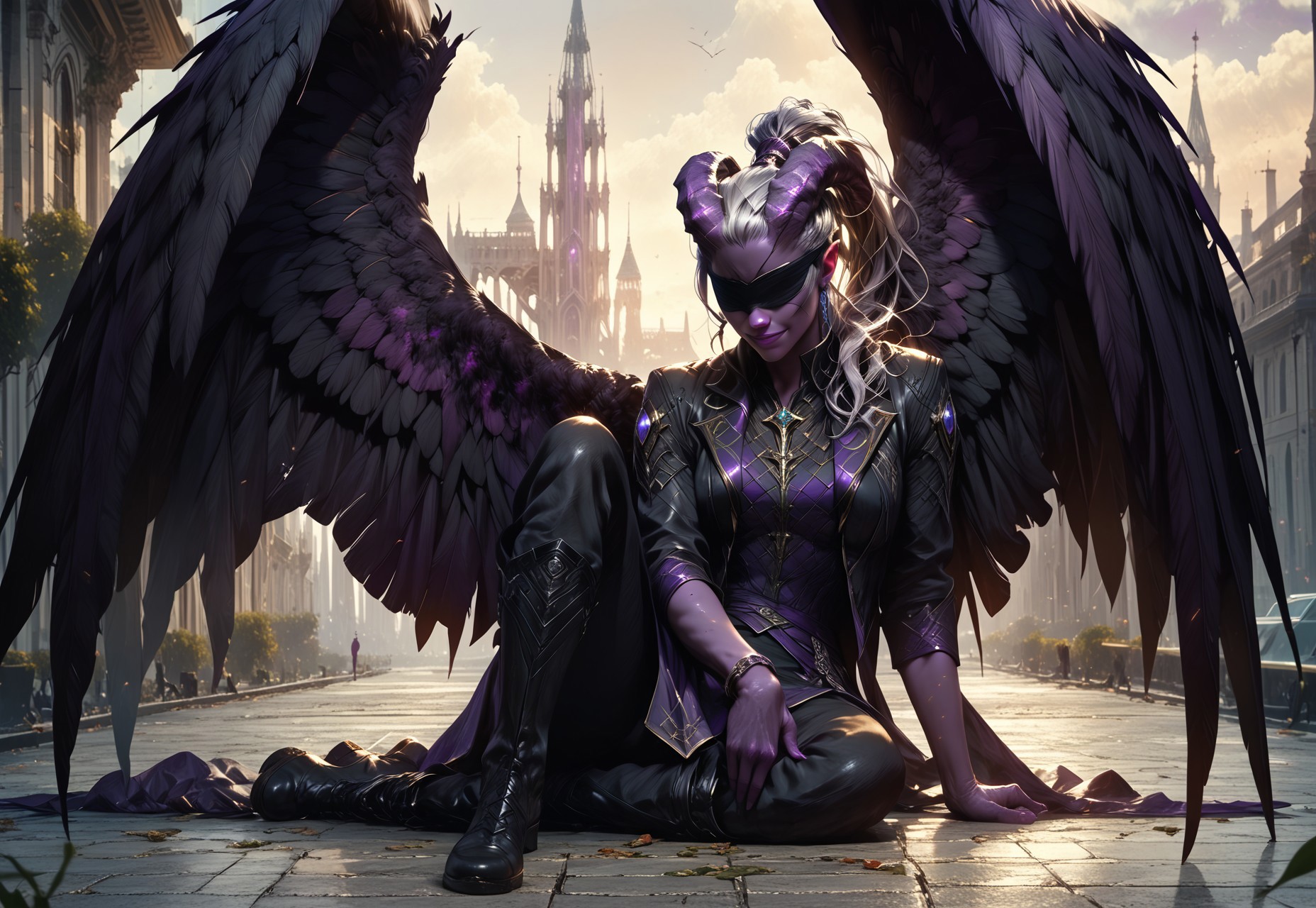 (absurdres, best quality, masterpiece:1.4), 
score_9, score_8_up, score_7_up, score_6_up, 
detailed, 
detailed body, 
detailed face, 
fantasy, 

female, 
tiefling, 
h0rns, 
ram horns, 
black horns, 
tall, 
((((dark purple skin, purple skin)))), 
((long grey hair, ponytail)), 
(((wingsd, black wings))),

on floor, 
leaning,
legs raised, 
full body, 
soft smile,

(black leather trousers, 
black shirt, 
blindfold, black cloth blindfold, 
boots), 

depth of field, 
outdoors, 
city park, 
evening, 