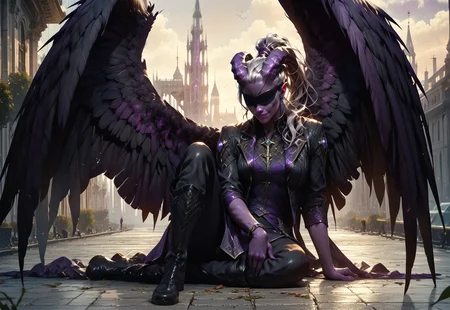 (absurdres, best quality, masterpiece:1.4), 
score_9, score_8_up, score_7_up, score_6_up, 
detailed, 
detailed body, 
detailed face, 
fantasy, 

female, 
tiefling, 
h0rns, 
ram horns, 
black horns, 
tall, 
((((dark purple skin, purple skin)))), 
((long grey hair, ponytail)), 
(((wingsd, black wings))),

on floor, 
leaning,
legs raised, 
full body, 
soft smile,

(black leather trousers, 
black shirt, 
blindfold, black cloth blindfold, 
boots), 

depth of field, 
outdoors, 
city park, 
evening, 