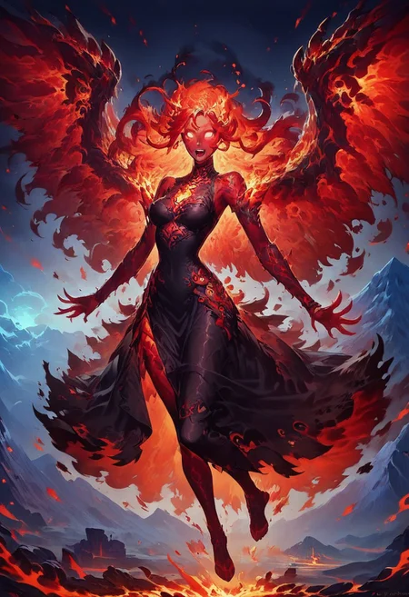 score_9, score_8_up, score_7_up, dress, woman, solo, glowing eyes, outdoors, mountain, fire, wings, long hair, open mouth, glowing, black dress, fiery hair, floating hair, looking at viewer, molten rock, full body, red hair, sky, sleeveless dress, sleeveless, glowing hair, bare shoulders, night, colored skin, personification, blank eyes, flying, highly detailed, intricate, zzCitronCAT, cowboy shot, explicit, revealing, sexy, see-through