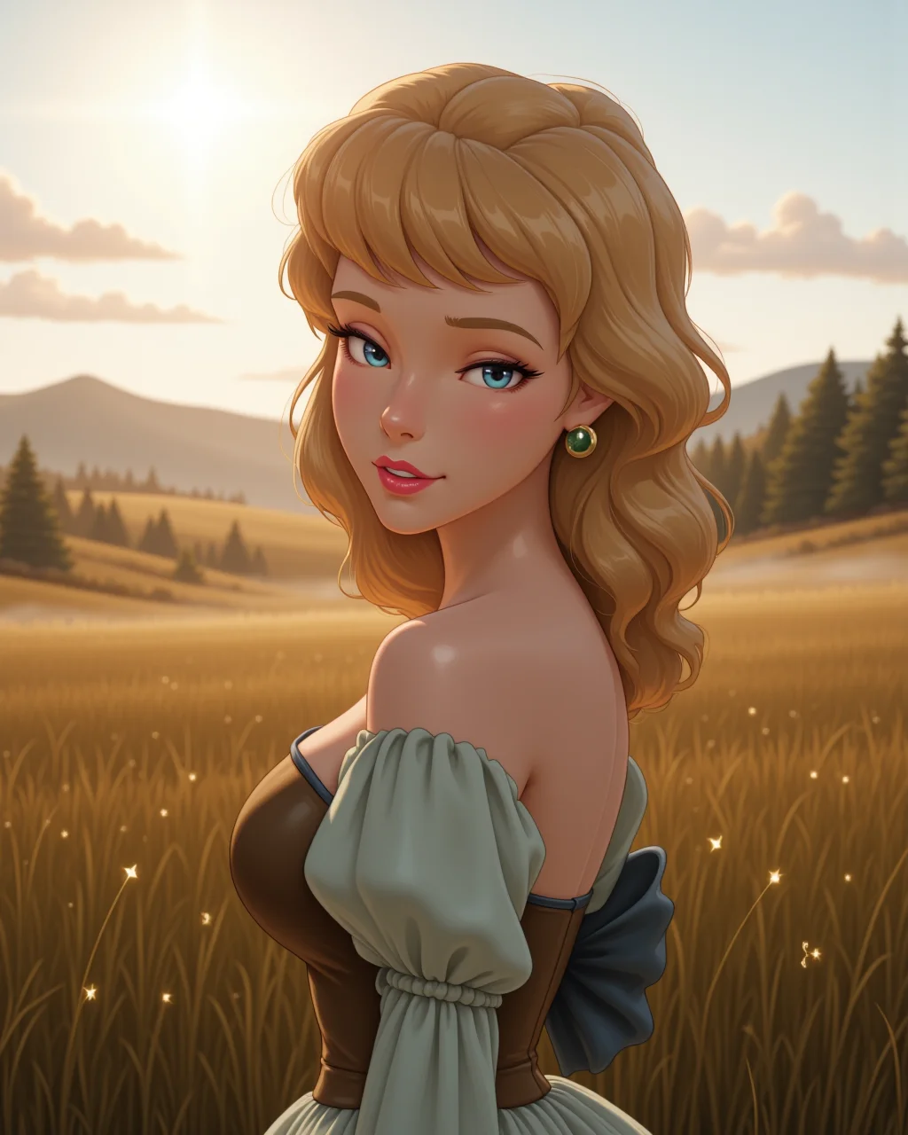 close-up, looking at viewer, outdoors daylight, Confident with a steady gaze, chin lifted, and a subtle smirk showing self-assurance.
A woman stands in the middle of a serene meadow, watching the mist rise from the ground as the sun begins to peek over the distant hills. in a dynamic pose
<lora:Disney_-_Cinderella_v2-000030:1> d-cinderella a 20 year old adult woman with blonde hair with blue eyes. In her iconic outfit