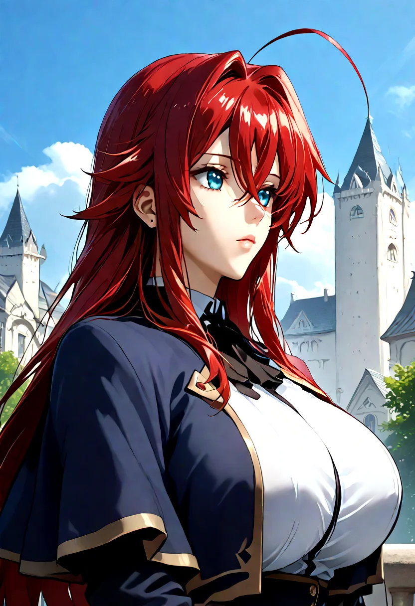 1girl, rias gremory, blue eyes, long hair, red hair, hair between eyes, ahoge, huge breasts